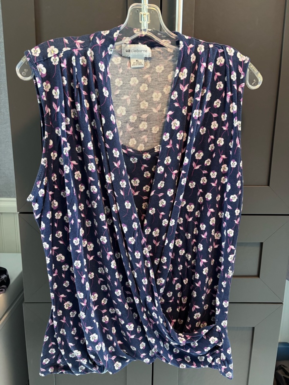 Liz Claiborne Navy Floral Draped Sleeveless Top